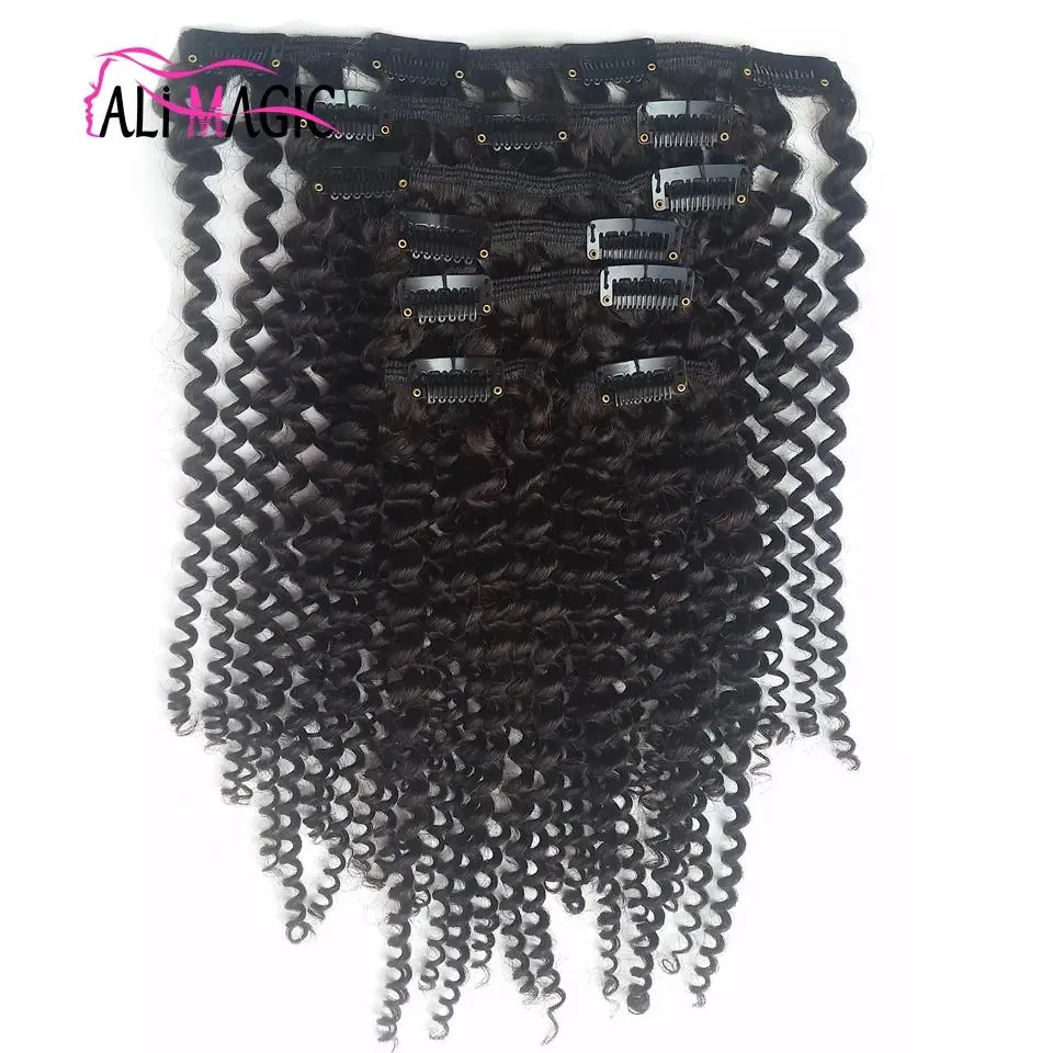 Extensions Ali Magic Brazilian Remy Deep Wave Kinky Curly Bundles Clip In Human Hair Extensions Natural Color 7 Pieces/Set Full Head 100G 120
