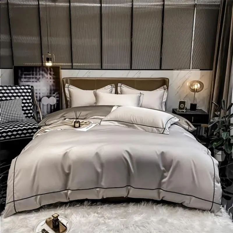 Sets Bettwäsche-Sets Stickerei-Bettwäsche-Set Ägyptische Baumwolle 600TC Seidiger Bettbezug, weicher Bettbezug Luxuriöse Flachbettlaken-Kissenbezüge