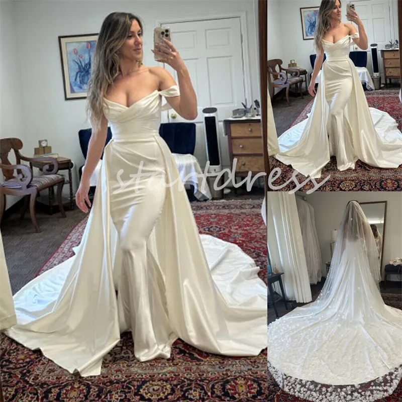 Eenvoudige Zeemeermin Overrok Trouwjurk 2024 Elegant Off Schouders Satijn Landelijke Tuin Bruidsjurken Met Kathedraal Trein Elegante Kerk Bruidsjurk Robe Mariage