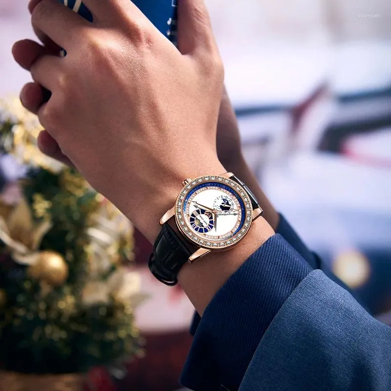 Relógios de pulso high end conjunto com diamantes sol lua estrelas relógio de negócios impermeável quartzo pin fivela tendência versátil masculina