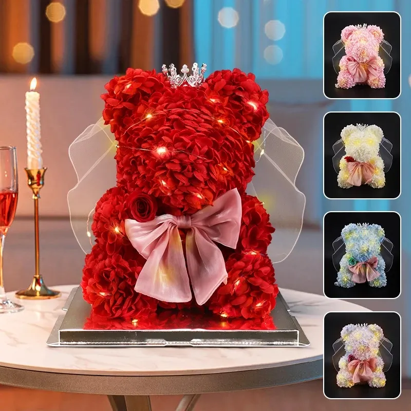 40cm New Silk Flower Teddy Bear Romantic Gift With Rose Bowknot Valentine'S Day Birthday Anniversary Girlfriend Xmas W24-01