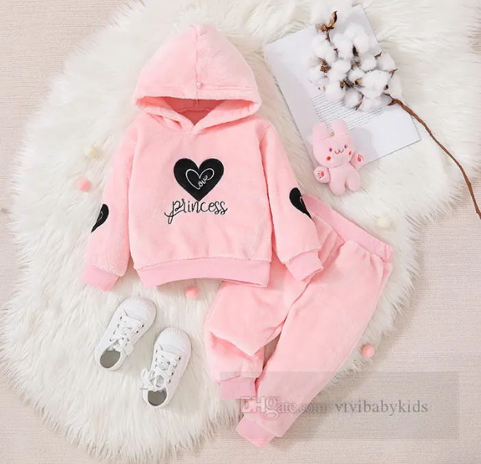 San Valentino ragazze rosa vestiti in pile set bambini amore cuore lettera ricamo con cappuccio manica lunga felpa pantaloni 2 pezzi bambini abiti casual Z6421