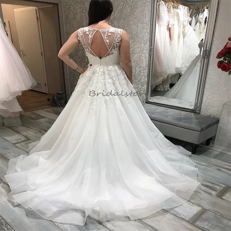 Lace A Line Wedding Dress with V-Neck, Open Back, and Brush Train - Floor Length Tulle Bridal Gown for Garden, Country, or Beach Weddings