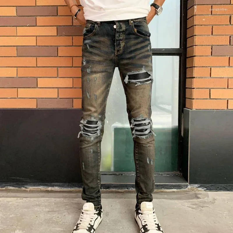 Herr jeans streetwear mode män retro svart blå stretch mager fit rippad läder lapped designer hip hop varumärke byxor