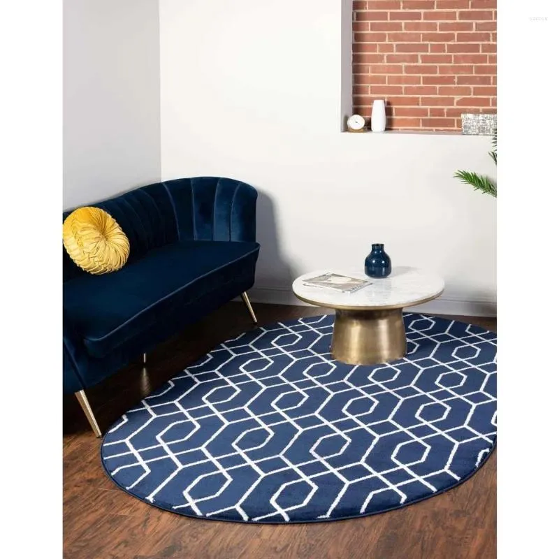 Carpets Unique Loom Glam Collection Area Rug - Trellis (4' 1' X 6' Oval Navy Blue Silver/ Silver)