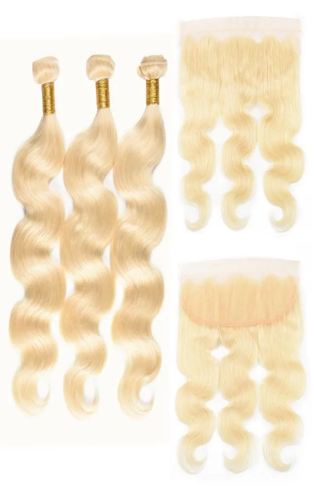 Medium haarextensions 613 Blond Echt haar 3 bundels en 13x4 frontaal van oor tot oor Braziliaans maagdelijk haar weeft Body Wave 1024 In9825112