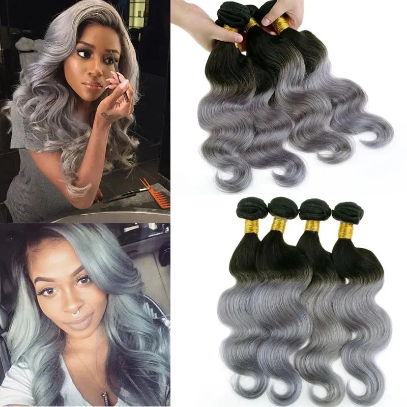 Weaves Best Selling!! Silver Grey Ombre Human Hair Extensions ombre gray Brazilian virgin hair body wave 2 tone ombre grey Peruvian remy