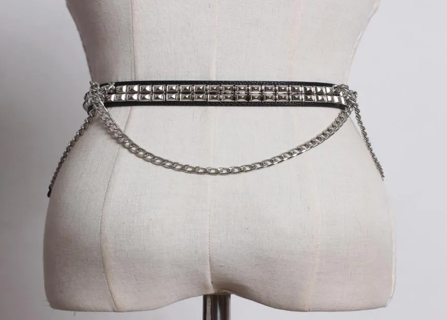 2019 Ceinture à rivets en cuir noir pour femmes Ceinture de 28CM Ceinture à boucle cloutée Punk européenne Ceintures à chaîne en métal pour dames PU Belts2446914