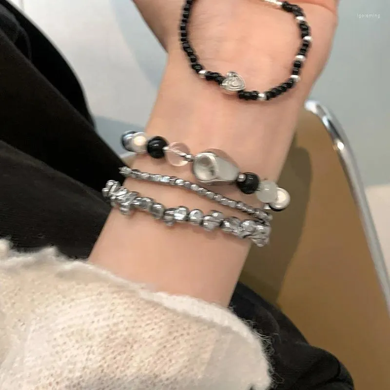 Bracelet de perles contrastées de Style chinois, noir et gris, pour femmes, Couple, géométrique, petit carré, bijoux de méditation, cadeau