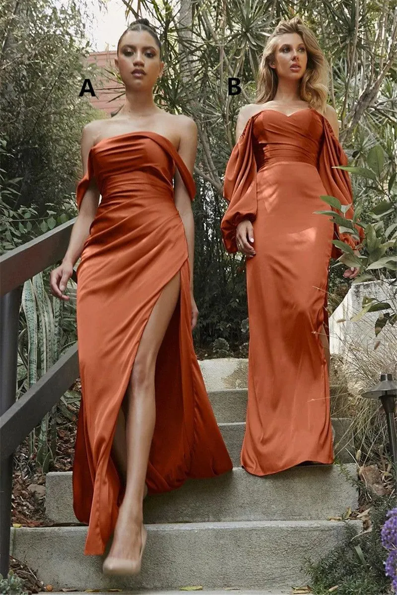 2024 Bridesmaid Dresses Dark Orange For Weddings Off Shoulder Side Split Satin Plus Size Long Formal Maid of Honor Gowns Wedding Guest Wear Floor Length