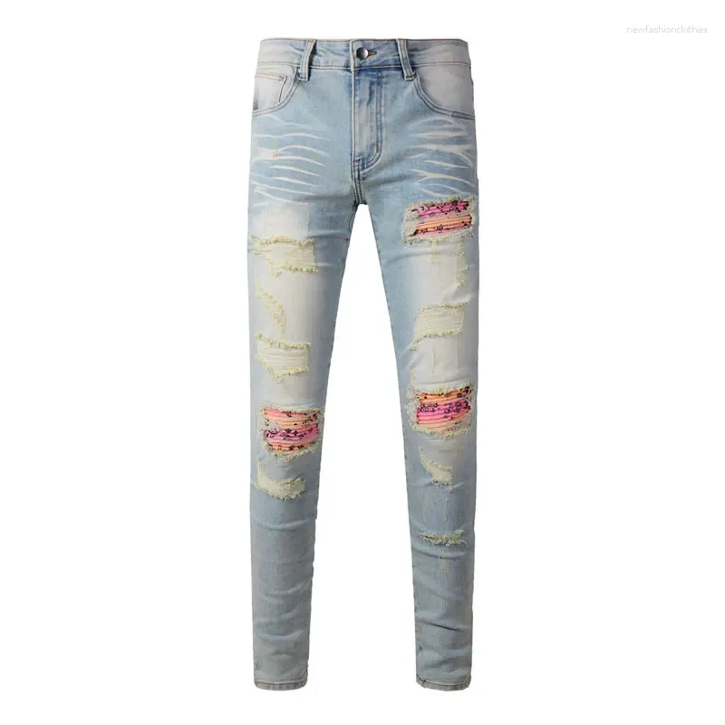 Jeans pour hommes High Street Mode Hommes Rétro Lavé Bleu Clair Stretch Skinny Fit Ripped Patché Designer Hip Hop Marque Pantalon