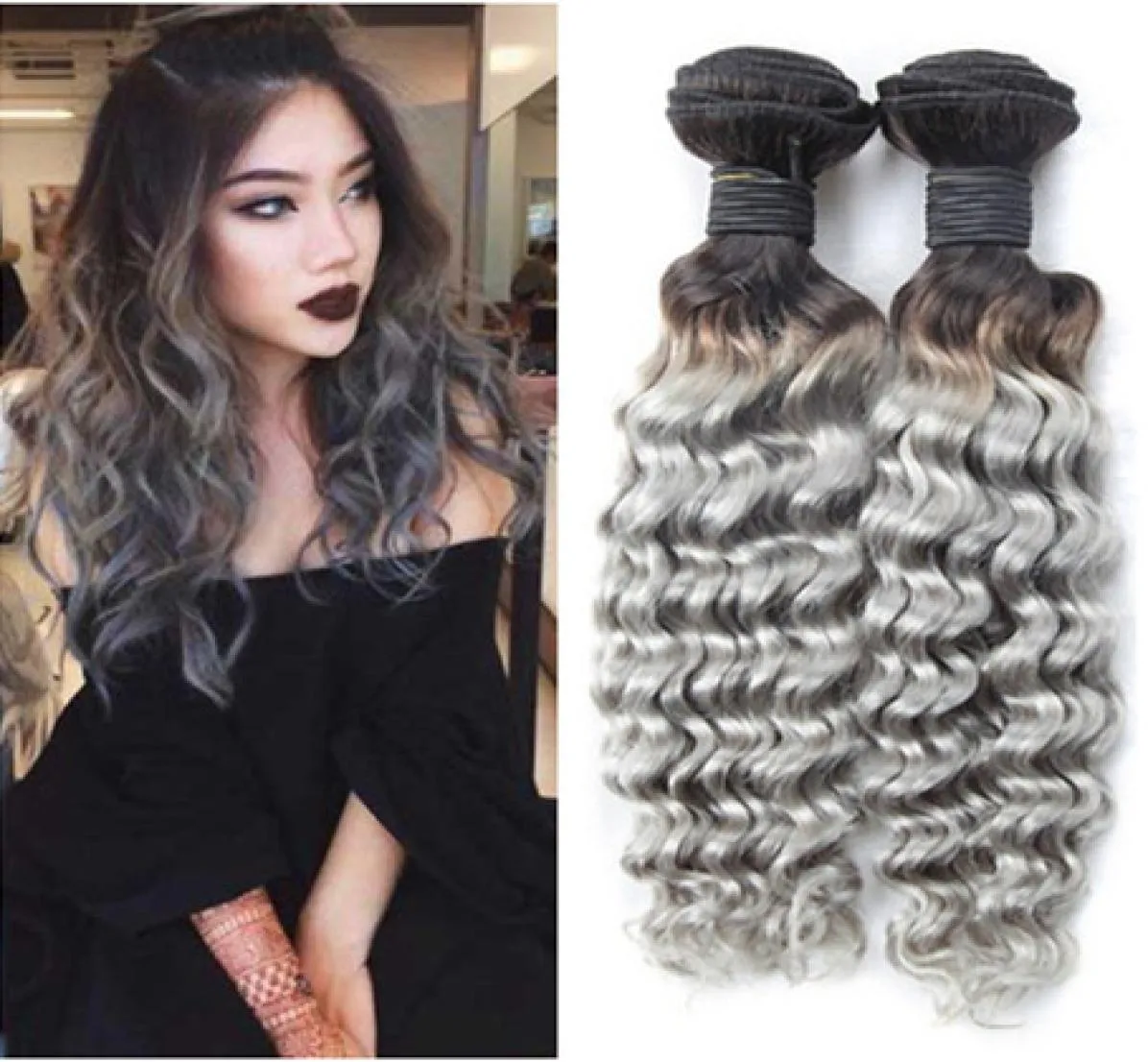 1BGrey Ombre Brazilian Human Hair Weave Bundles Dark Root Deep Wave Wavy Silver Grey Ombre Virgin Human Hair Weft Extensions 3Pc3210262