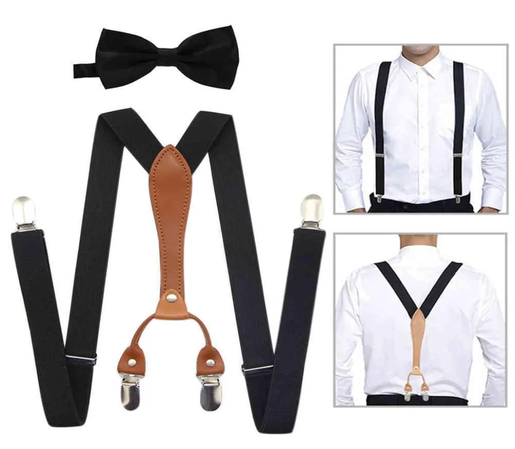 Black Suspenders Bow Tie Set for Men Boy Wedding Party Event XBack 4 Clips Adjustable Elastic Trouser Brace Strap Belt Dad Gift5457576