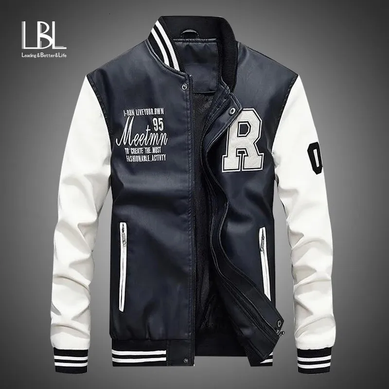 Men Leather Jacket Brand Embroidery Baseball PU Jackets Male Casual Luxury Winter Warm Fleece Pilot Bomber Jacket Coat 240103