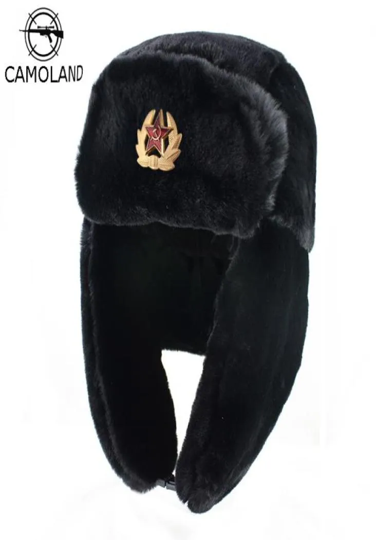 CAMOLAND Soviético Trapper Trooper Chapéu Mens Exército Russo Ushanka Bomber Chapéu Inverno Quente Caps Piloto Faux Rabbit Fur Earflap T2007184579609