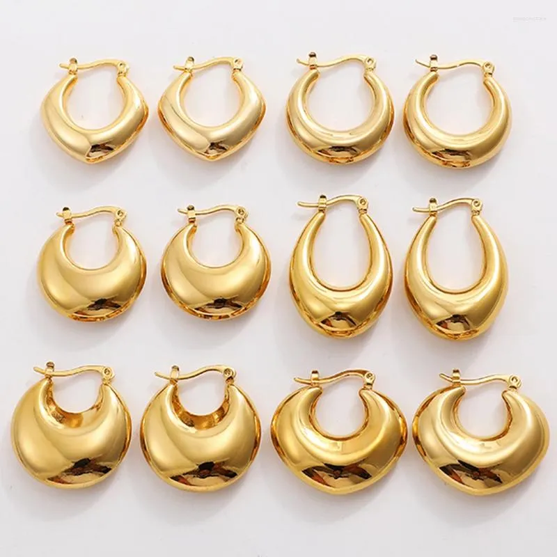 Pendientes de aro lisos de acero inoxidable grueso martillado para mujer, chapado en oro, pendiente grueso llamativo, joyería ligera, regalo