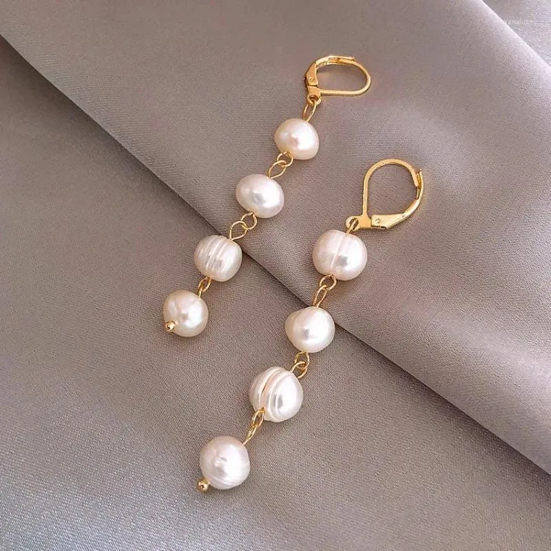 Boucles d'oreilles créoles Minar Chic, perles d'eau douce irrégulières, longues pampilles pour femmes, bijoux décontractés en laiton plaqué or véritable 14K pour mariage