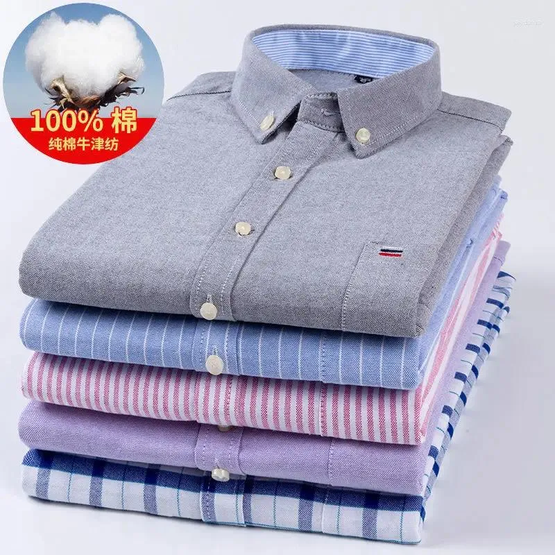 Camisas casuais masculinas Oxford camisa de algodão com listras xadrez bolsos de manga comprida estilo regular botão até tamanho S-7XL