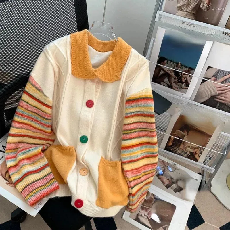 Malhas femininas y2k harajuku vintage cardigan jaquetas turn down colarinho listrado contraste cor suéteres oversized estilo preppy roupas