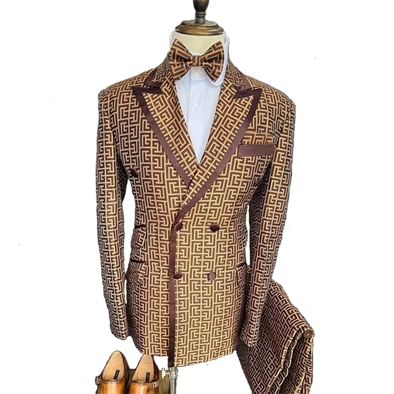 Conjuntos de blazer duplo breasted ternos mais recente casaco calça terno masculino fino ajuste xadrez smoking festa casamento para homem 231229