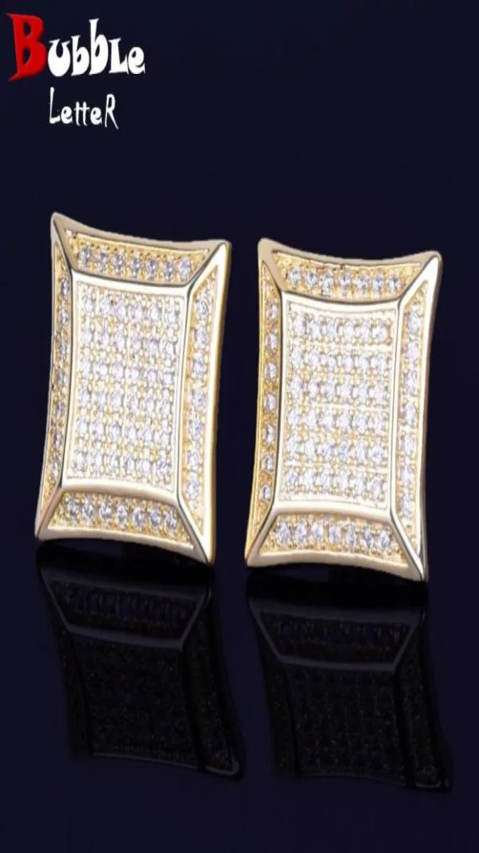 15mm Big Square Earring Men Stud Gold Color Full Cubic Zircon Screw Back Hip Hop Jewelry83615165801263