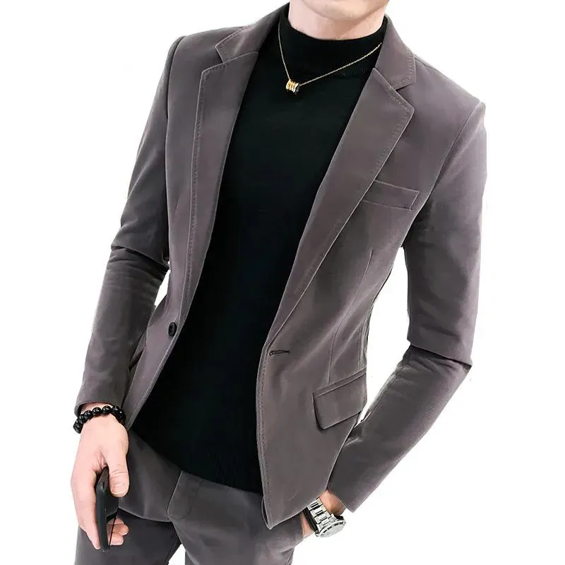 Jackor Autumn New Style Men's Suede Blazer Stylish Slim Fit Single Button Wedding Party 2 Pieces Jacket Suit Pants Byxor Pälsuppsättning