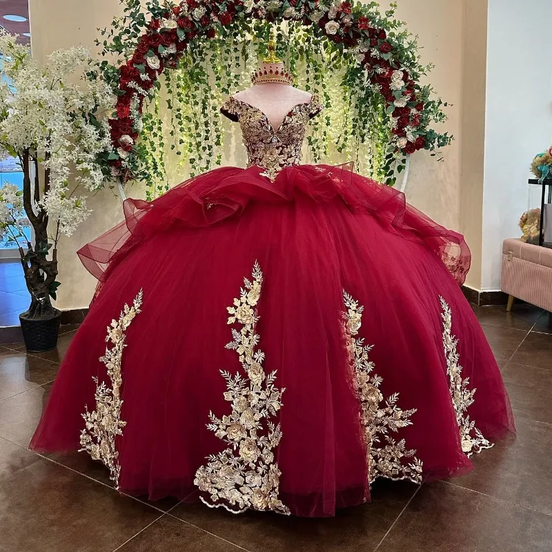 Vestido rojo de quinceañera con escote corazón, apliques dorados, cuentas de encaje, Tull, fiesta, dulce 16, vestido de baile de graduación, vestidos de 15