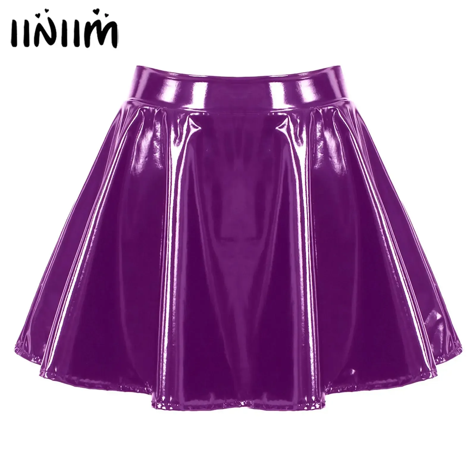 Womens Glossy Patent Leather Flared Miniskirt Dance Performance Invisible Zipper A-Line Mini Skirts Clubwear Cosplay Costume 240102