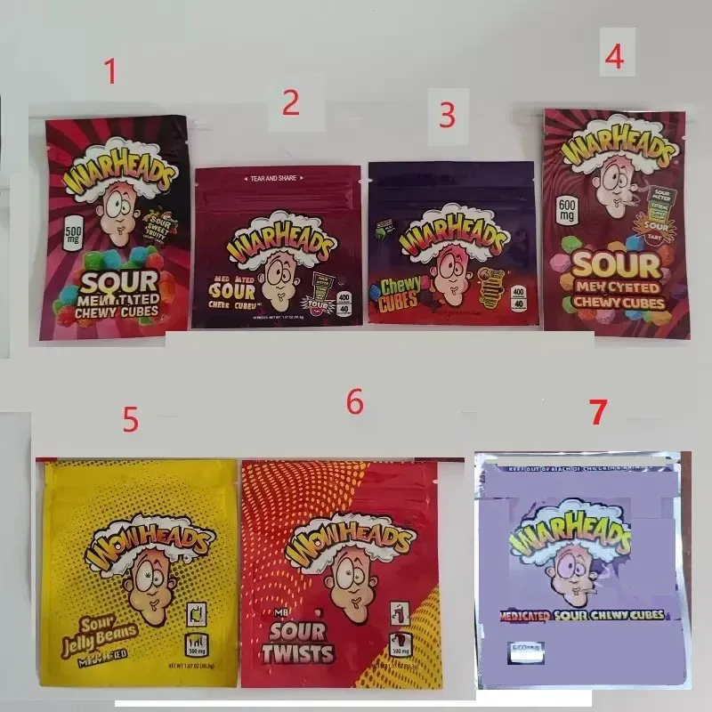 Warheads Pouch Borsa acida Commestibili Gommose Pacchetto di stoccaggio in Mylar Borse per imballaggio Wowheads A prova di odore Bambino Gommoso Cubi gommosi Confezione LL