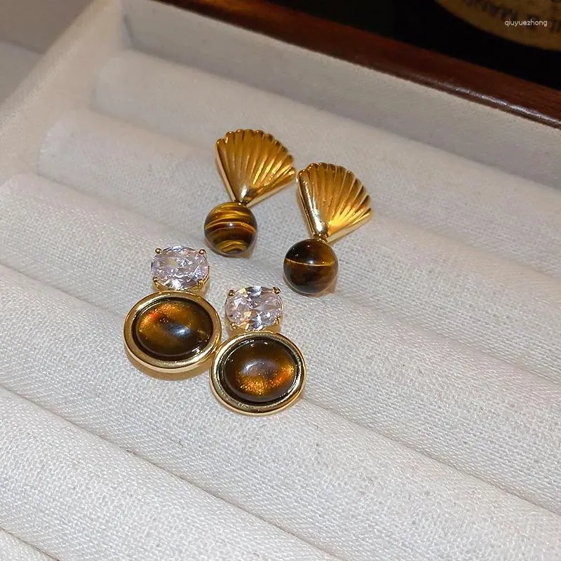 Boucles d'oreilles pendantes Minar personnalité pierre naturelle oeil de tigre goutte pour femmes 14K véritable plaqué or cuivre coquille CZ Zircon boucle d'oreille bijoux