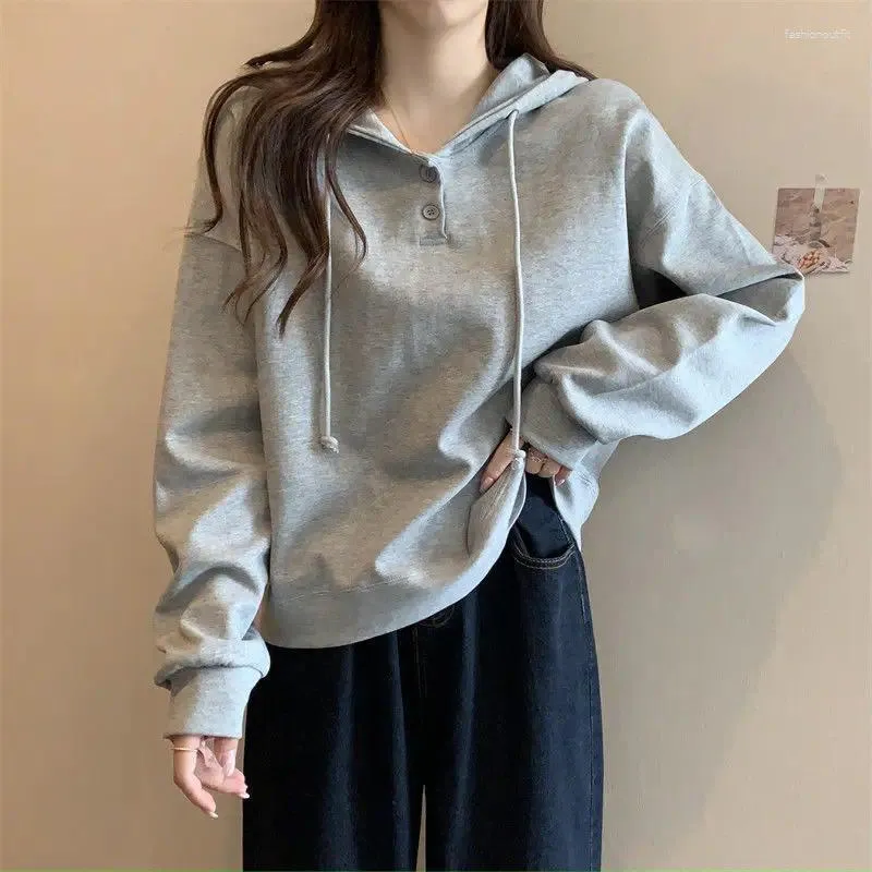 Women's Hoodies M-2xl Womens Sweatshirts Spring Autumn Female Long Sleeve Hooded Pullovers Button Solid Color Ladies Top Clothes Hy37