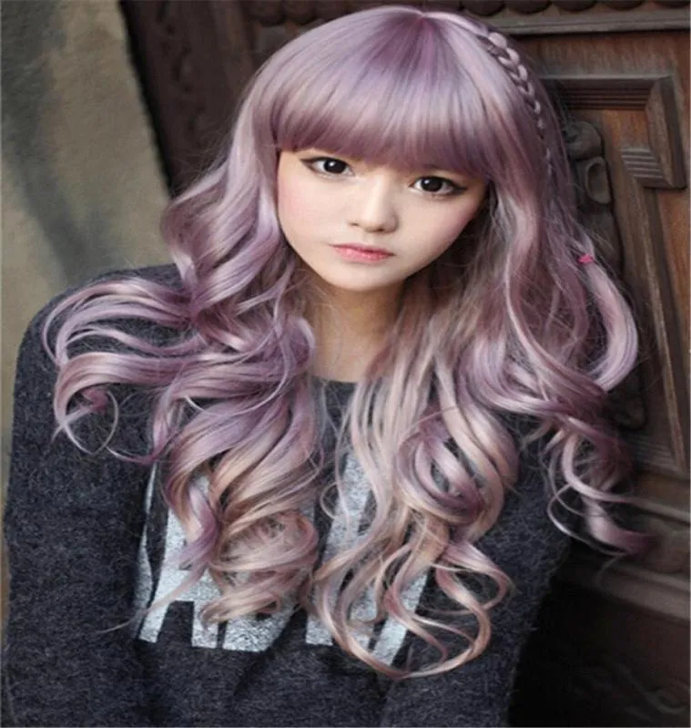 WoodFestival long curly wig purple wavy wigs heat resistance synthetic hair lovely full bangs braid cosplay wig women6170477