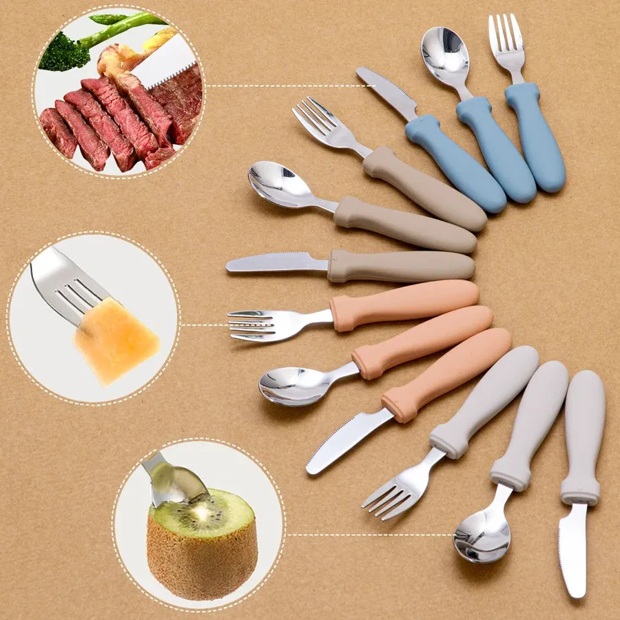 Baby Feeding Silicone Handle Stainless Steel Spoon Fork And Knife Set Baby Training Utensils Weaning Children's Tableware 240102