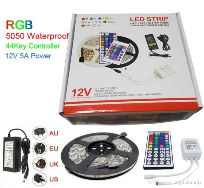 Dobra jakość Paski LED Light RGB 5M 5050 SMD 300LED WODY ODPOWIEDNIOWY IP65 MINI 44KEY Kontroler 12V 5A Zasilanie z pudełkiem Christm1549594