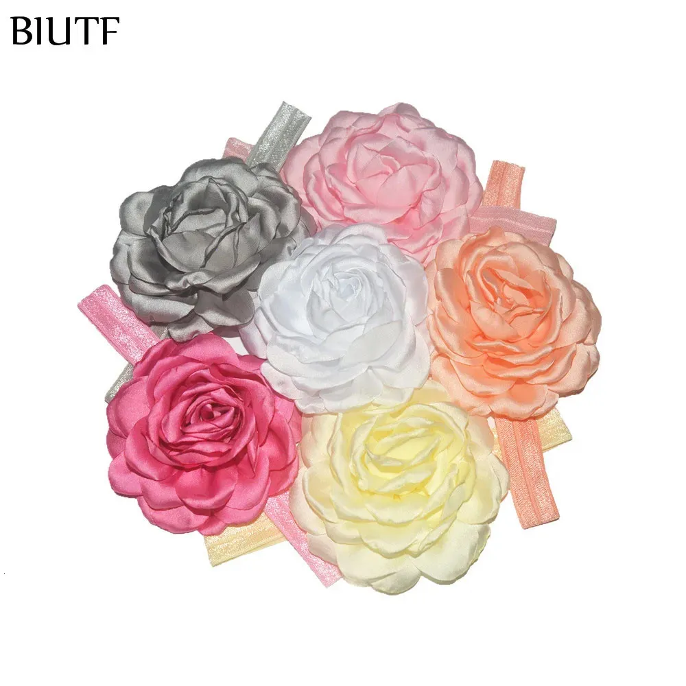 50 pçs artesanal 8cm cetim peônia flor bandana natal tecido arco hairband acessórios de cabelo para crianças meninas bebê crianças hb012 231229