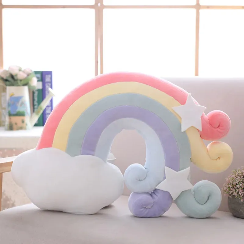 Färgglada Moon Star Lucky Cloud Rainbow Conch Hill Ball Shooting Star Plush Cushion Natural Fylld kudde Sofa Stoldekor 240102