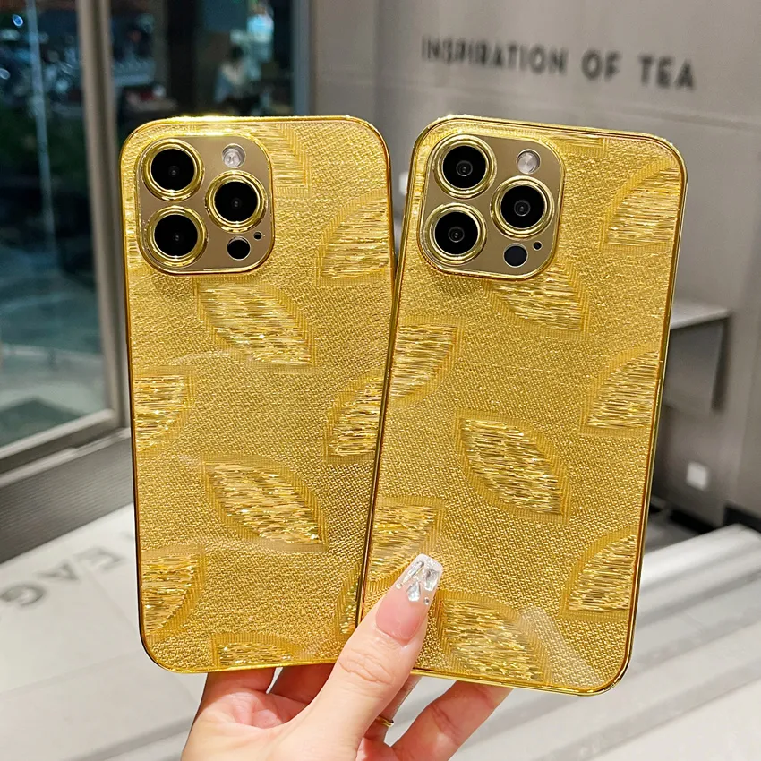 Coque de téléphone de luxe plaquée 3D, feuilles d'or, pour iPhone 11 12 13 14 15 Pro Max 7 8 Plus X XS XR, coque arrière rigide en PC