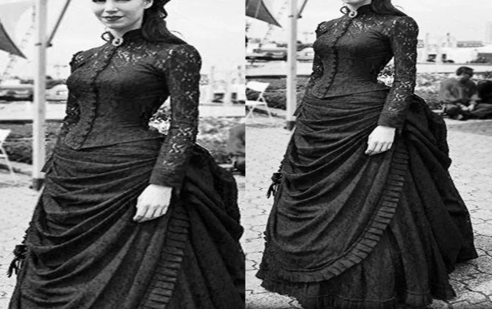 Vintage Victorian Black A Line Wedding Dress Lace Long Sleeve Jacket High Collar Retro Gothic Steampunk Wedding Gowns Cosplay Masq9543717