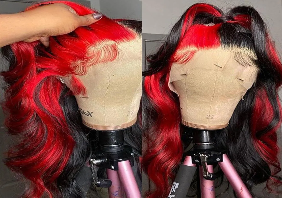 Podświetl perukę ludzkie włosy fala koronkowa koronkowa przednia peruka czarna czerwona peruki dla kobiet syntetycznych ciepło odpornych na ciepło1566480