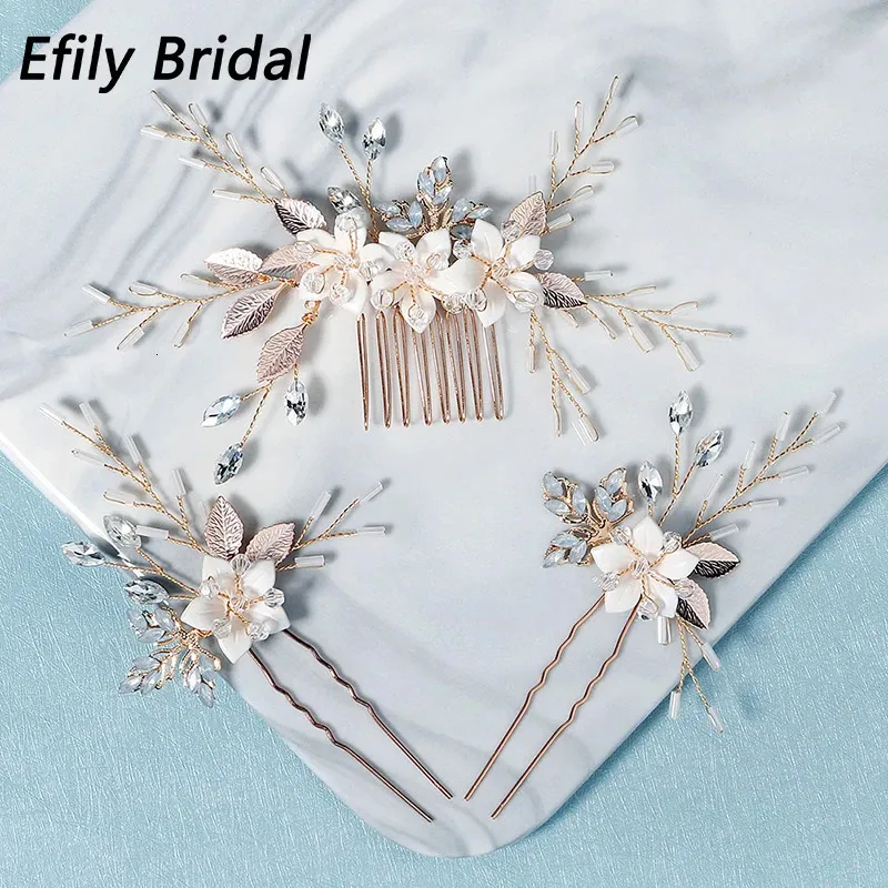 EFILY BRIDAL BRUKS Hårtillbehör 3st/Set Crystal Hair Combs Pins For Women Party Bride Headpiece Bridesmaid Present Jewelry 240102