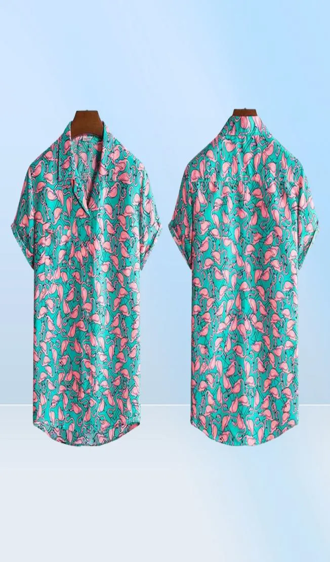 Elegante flamingo impressão havaiano aloha camisa masculina verão novo curto sve praia camisas dos homens festa de férias roupas 4556530