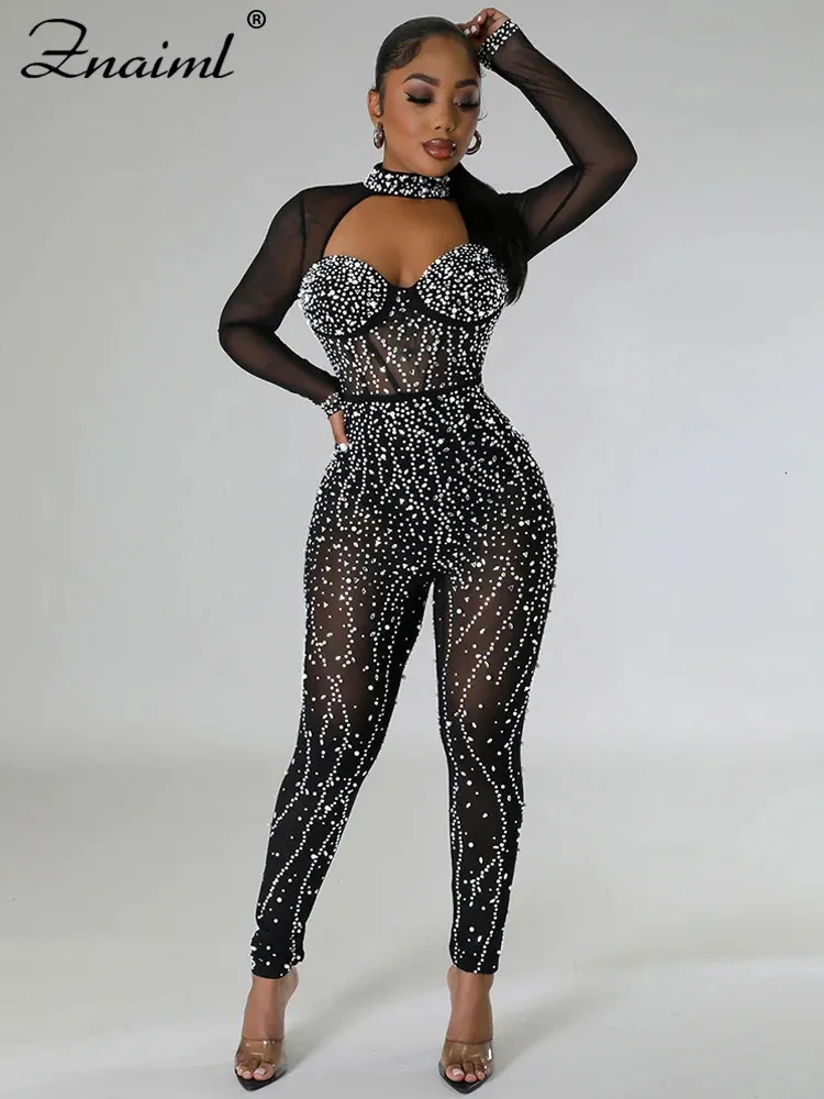 Znaiml Sparkly Diamonds Pearls Rhinestone Romper for Women Jumpsuits Mesh See Through Male Birthday Party Overalls 231229