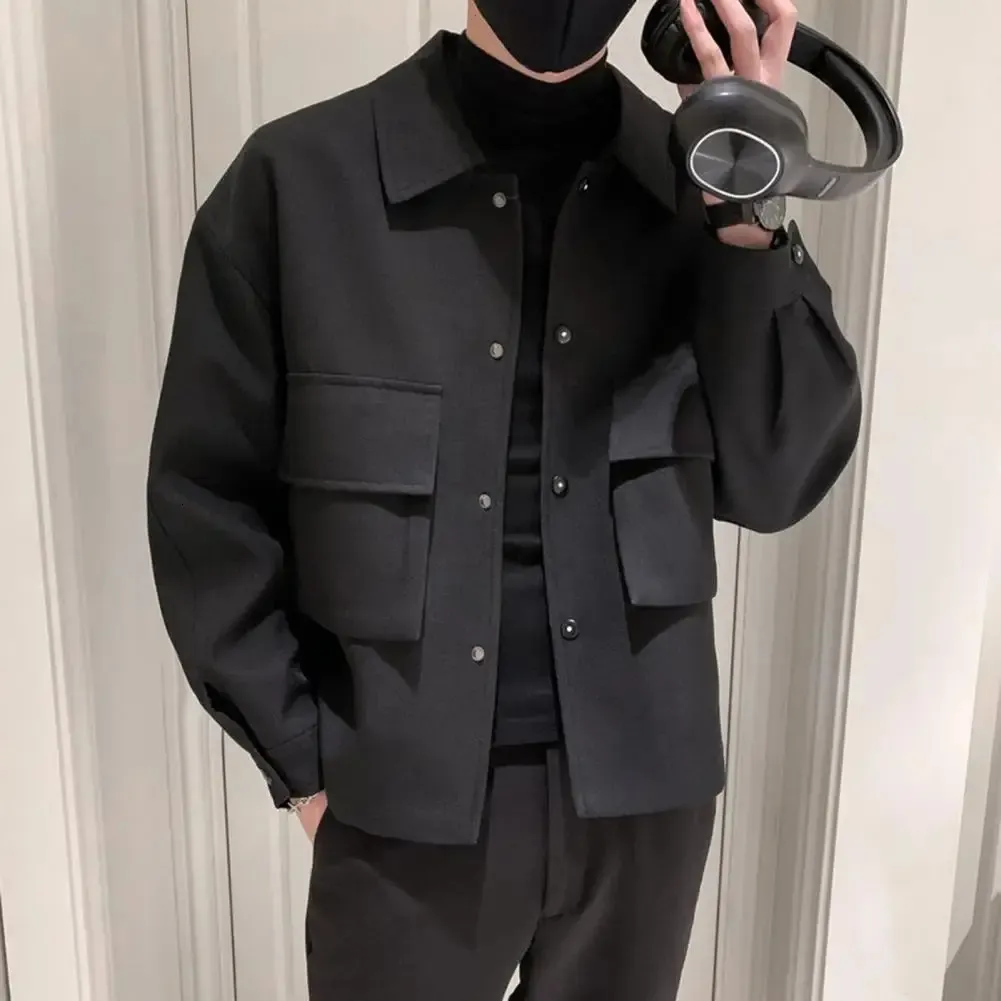 Зимний мужской шерстяной плащ, короткий приталенный повседневный пиджак, корейская однотонная стальная ветровка с изогнутым вырезом, куртка 240102