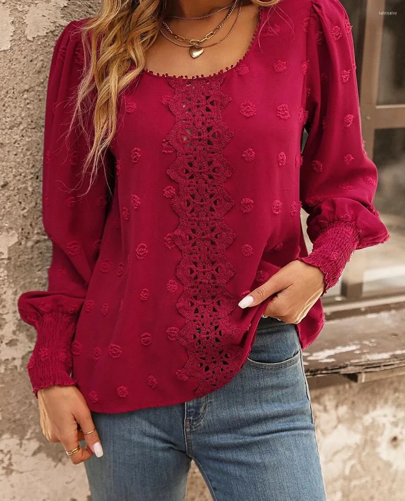 Damskie bluzki moda kobieta 2024 Jesienna okrągła szyja Bubble Bubble Polka Dot Splot Koronna koszula
