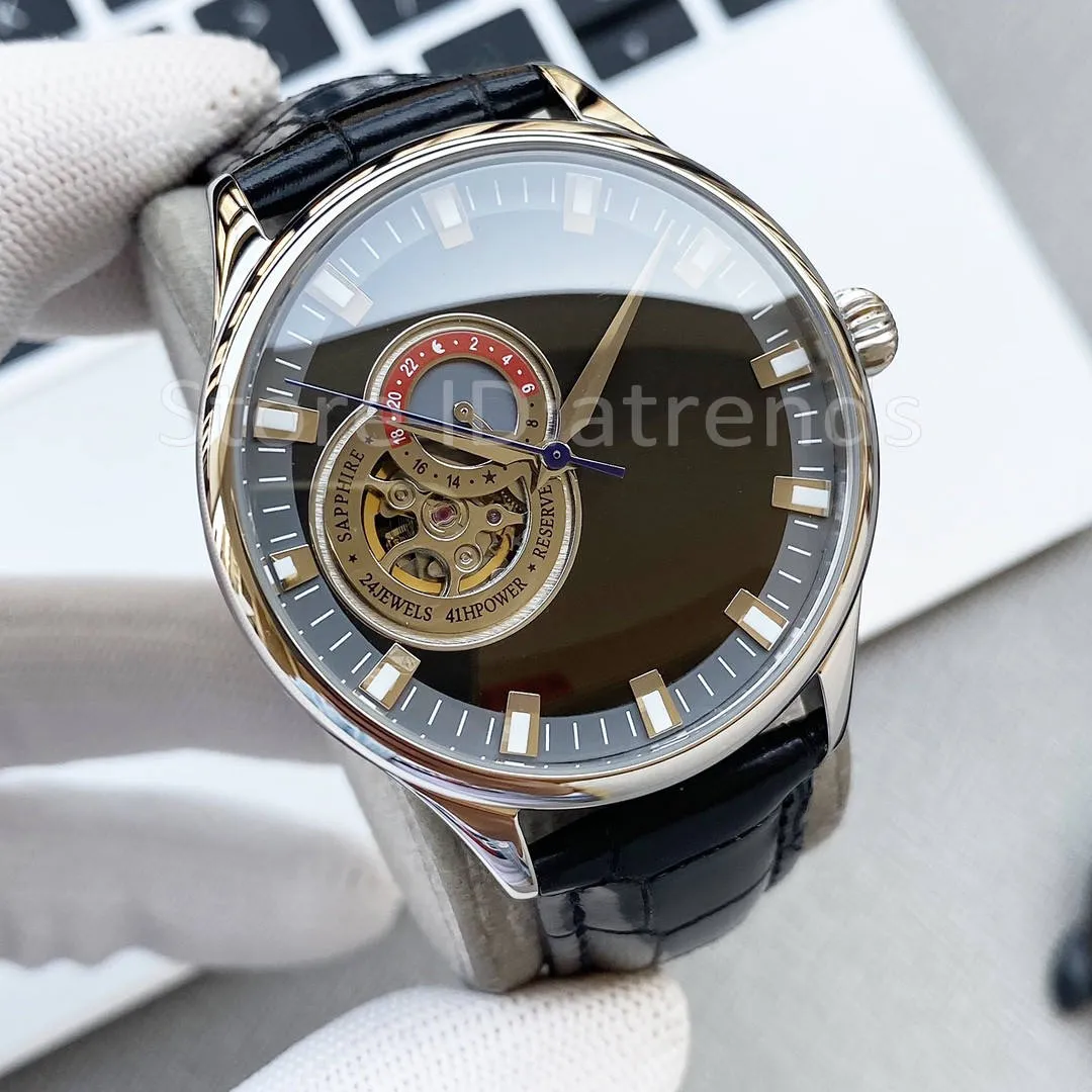 Topp mode automatiska mekaniska självlindande klocka män guld silver dial 40mm klassiker 24 timmar design armbandsur casual gentlemen svart läder rem klocka 6225