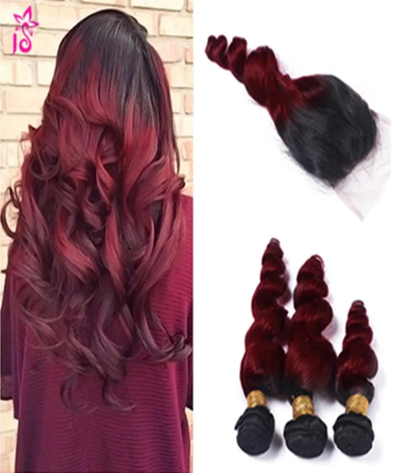 Ombre brasiliane onda allentata capelli vergini umani 99j bordeaux ricci sciolti economici 3 pacchi con chiusura trama di capelli umani con vino rosso 3456892