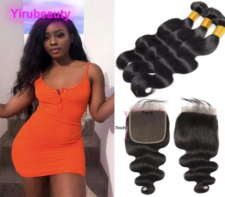 Mèches indiennes vierges avec fermeture en dentelle 7x7, produits capillaires Body Wave en trois parties centrales, 830 pouces, couleur naturelle, 5718181