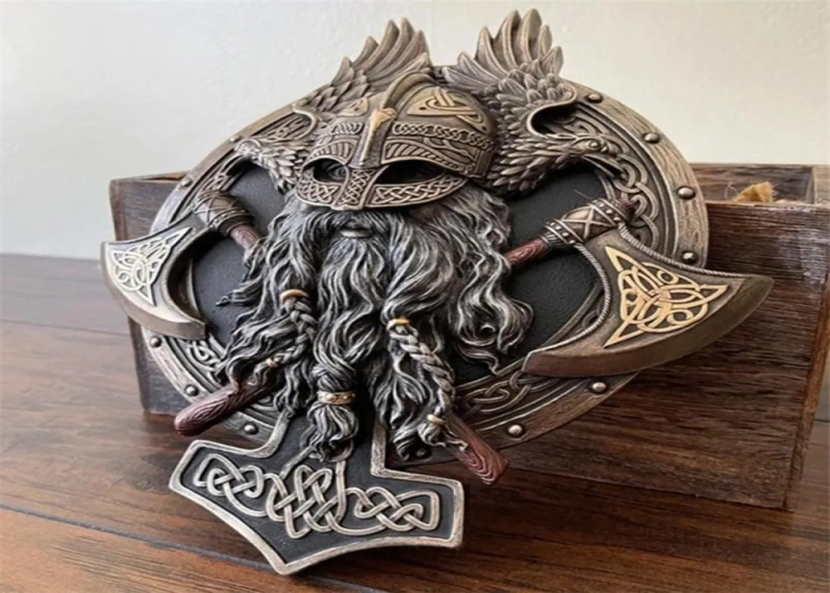 95AA Viking Berserker Double Axe Plaque Resin Statue Ornament Vintage Warrior Valhalla Sculpture Figurine Wall Decoration for 22078705716