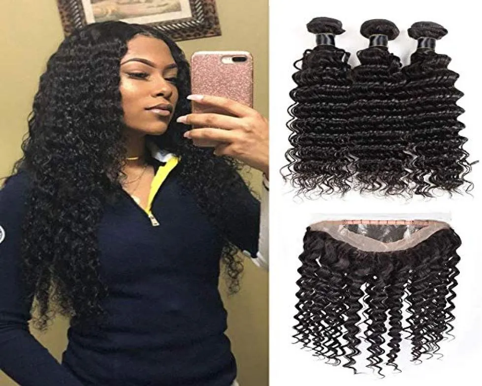 Pre Plucked Brazilian Deep Wave Human Hair Weaves With 360 Lace Band Frontal Virgin Human Hair With Bady Hair 4pcslot1935085