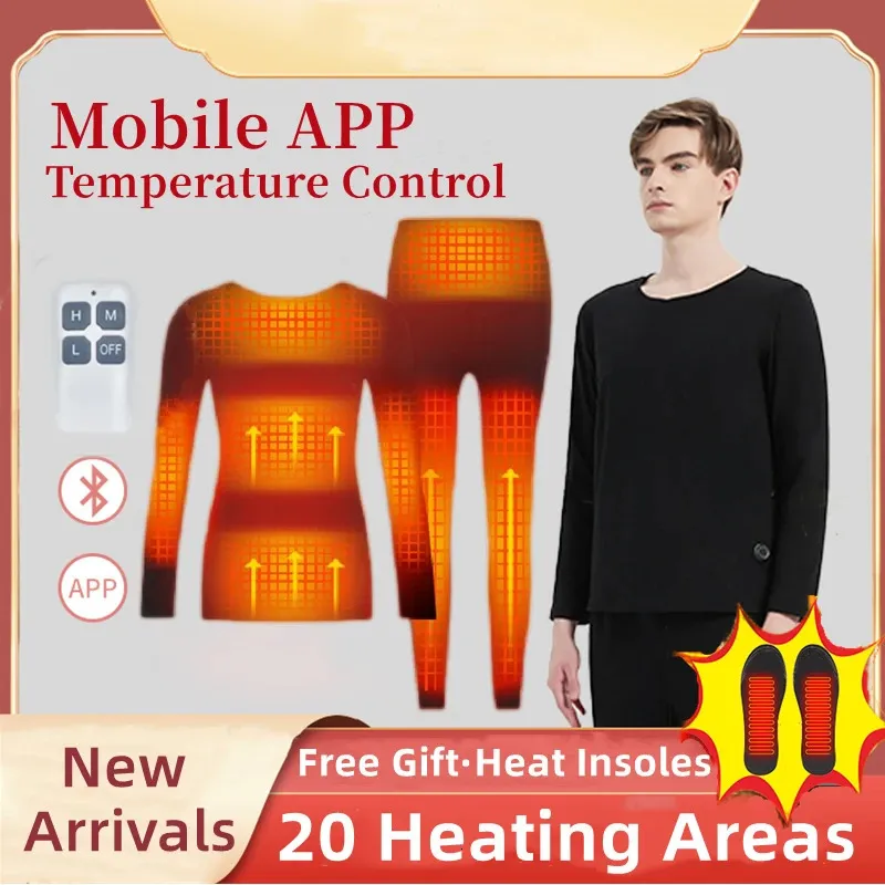 Inverno aquecimento roupa interior conjunto usb alimentado por bateria elétrica aquecida quente topos calças controle de telefone inteligente temperatura ski roupa interior 231229